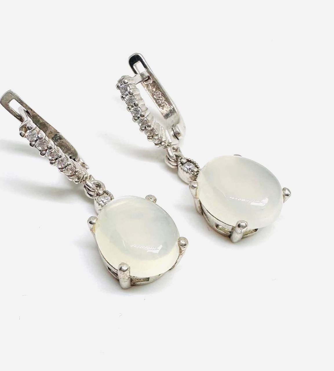 925 Sterling Silver, White Gold Plated Natural Moonstone Drop Earrings — Handcrafted 2