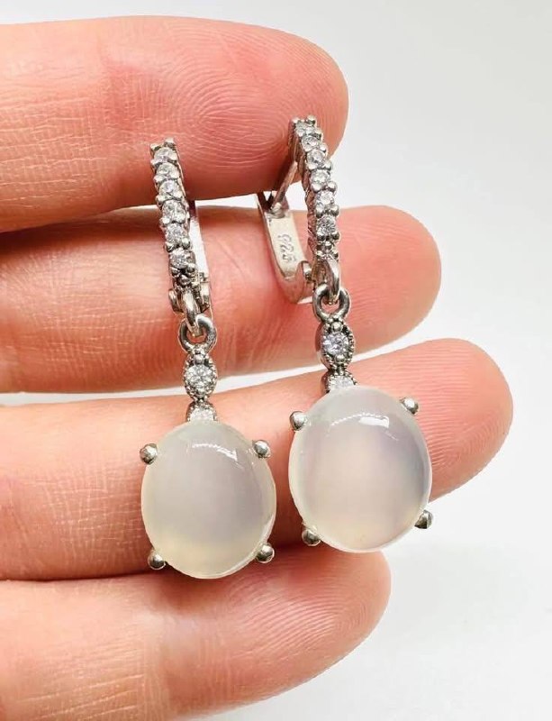 925 Sterling Silver, White Gold Plated Natural Moonstone Drop Earrings — Handcrafted 3