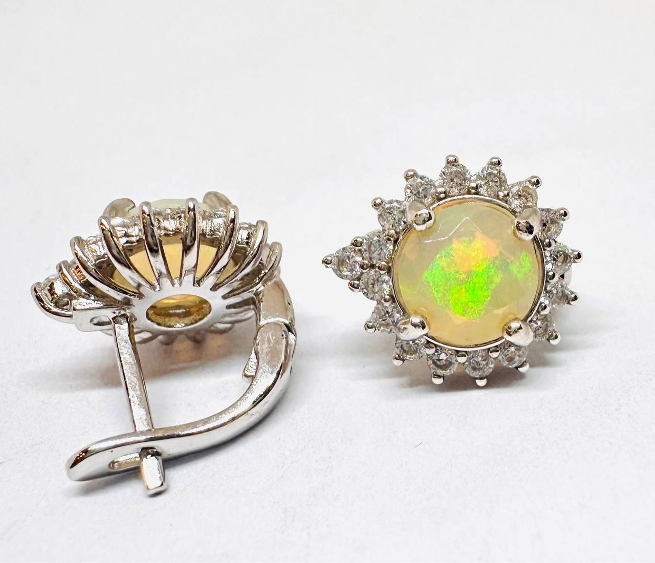 925 Sterling Silver, White Gold Plated Natural Opal Drop Earrings with Swiss Diamonds — Handcrafted 3