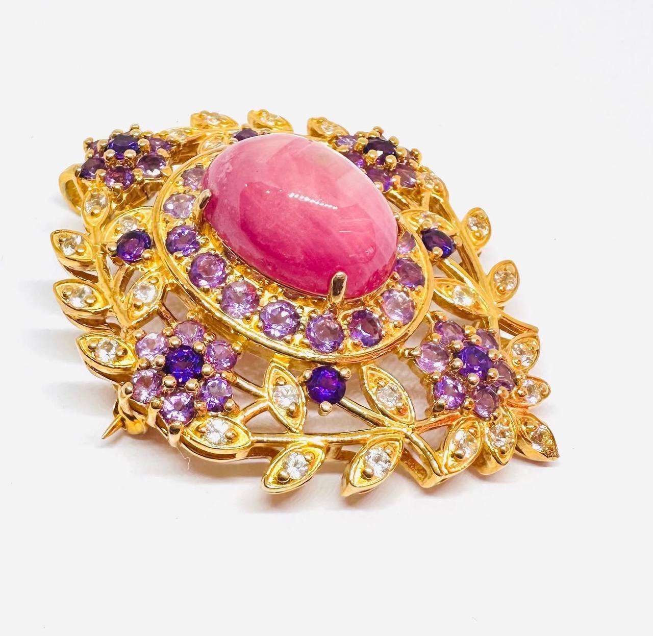 925 Sterling Silver (Stamped), Gold Plated Natural Cabochon Ruby Pendant & Brooch — Handcrafted 2