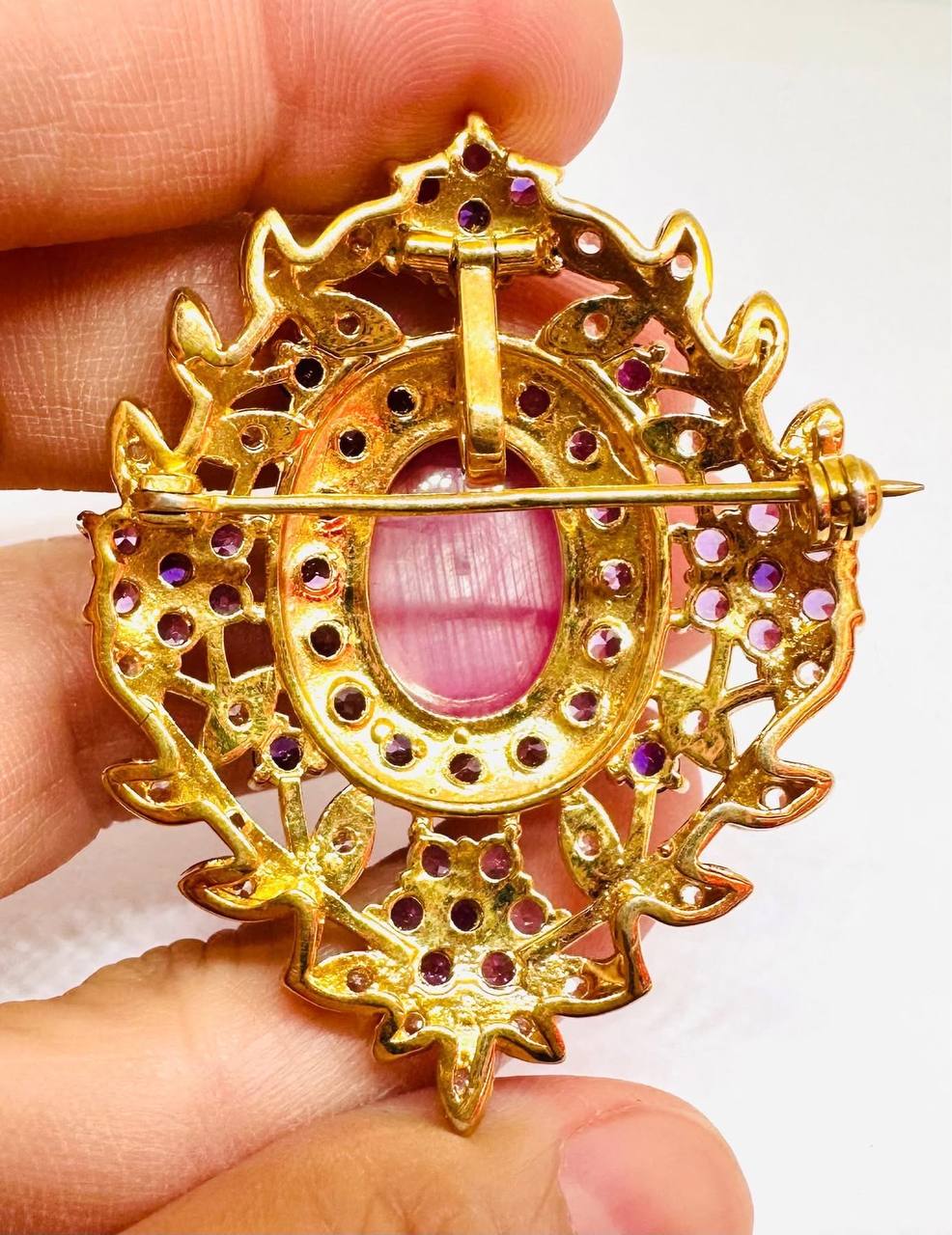 925 Sterling Silver (Stamped), Gold Plated Natural Cabochon Ruby Pendant & Brooch — Handcrafted 3