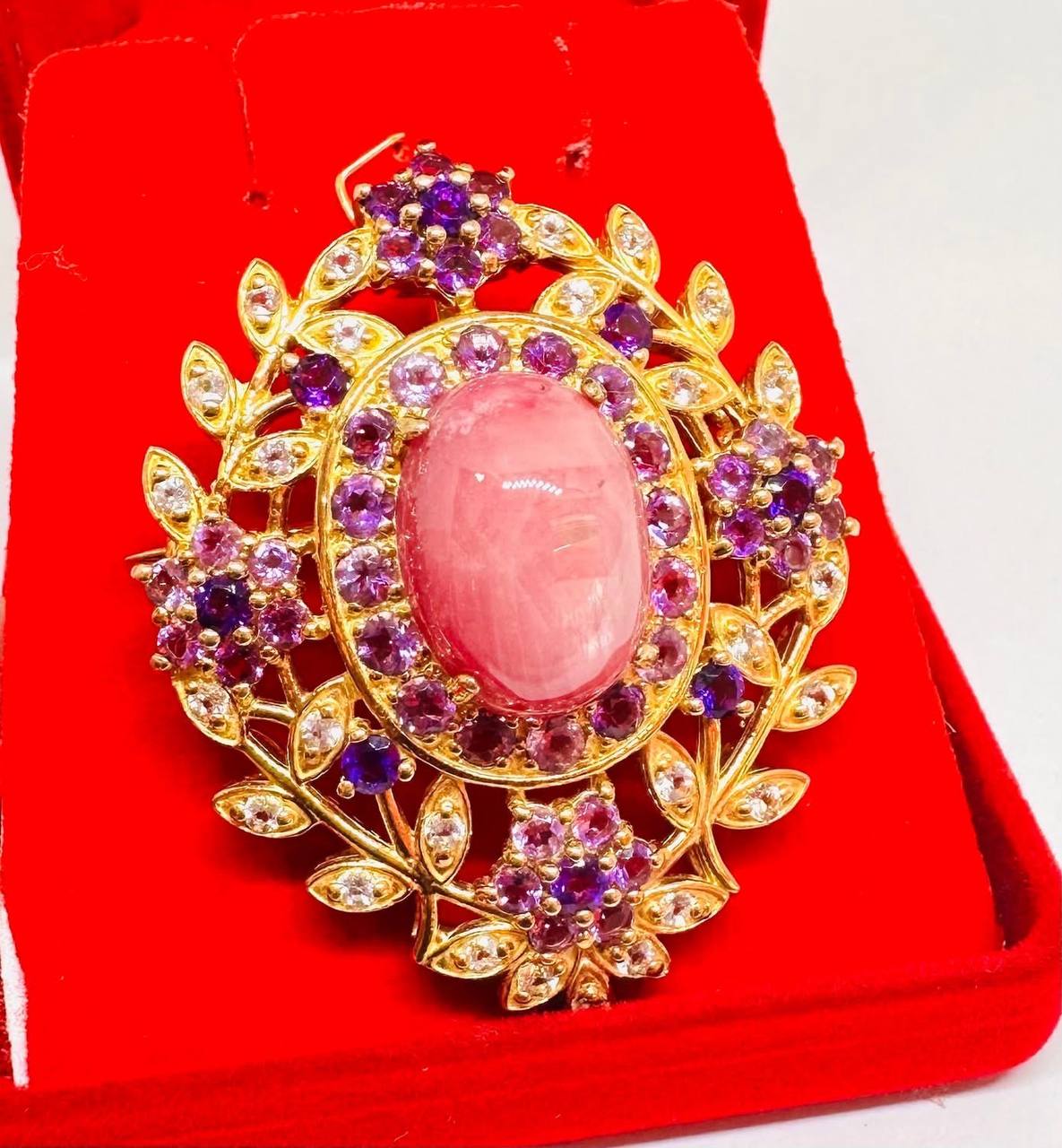 925 Sterling Silver (Stamped), Gold Plated Natural Cabochon Ruby Pendant & Brooch — Handcrafted 4