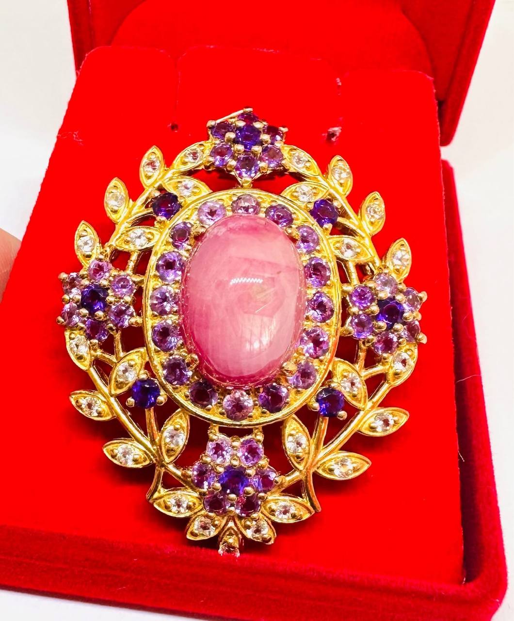 925 Sterling Silver (Stamped), Gold Plated Natural Cabochon Ruby Pendant & Brooch — Handcrafted 6