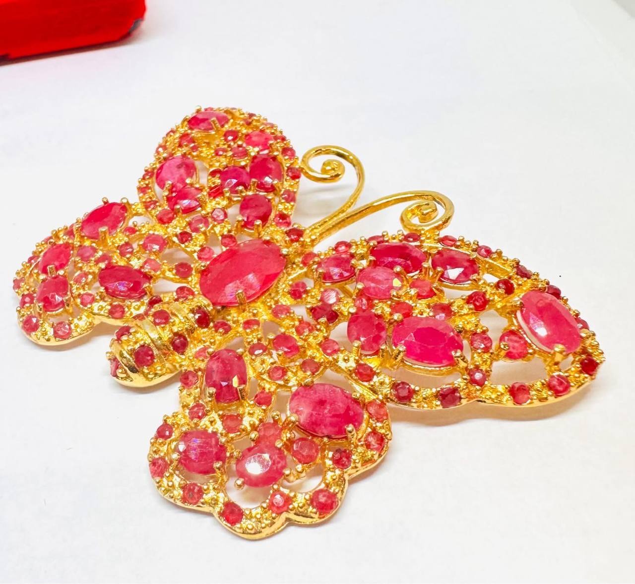 925 Sterling Silver, Gold Plated Natural Ruby Brooch — Handcrafted 2