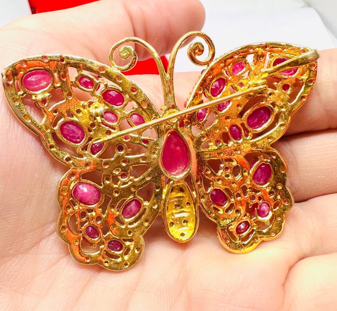 925 Sterling Silver, Gold Plated Natural Ruby Brooch — Handcrafted 4