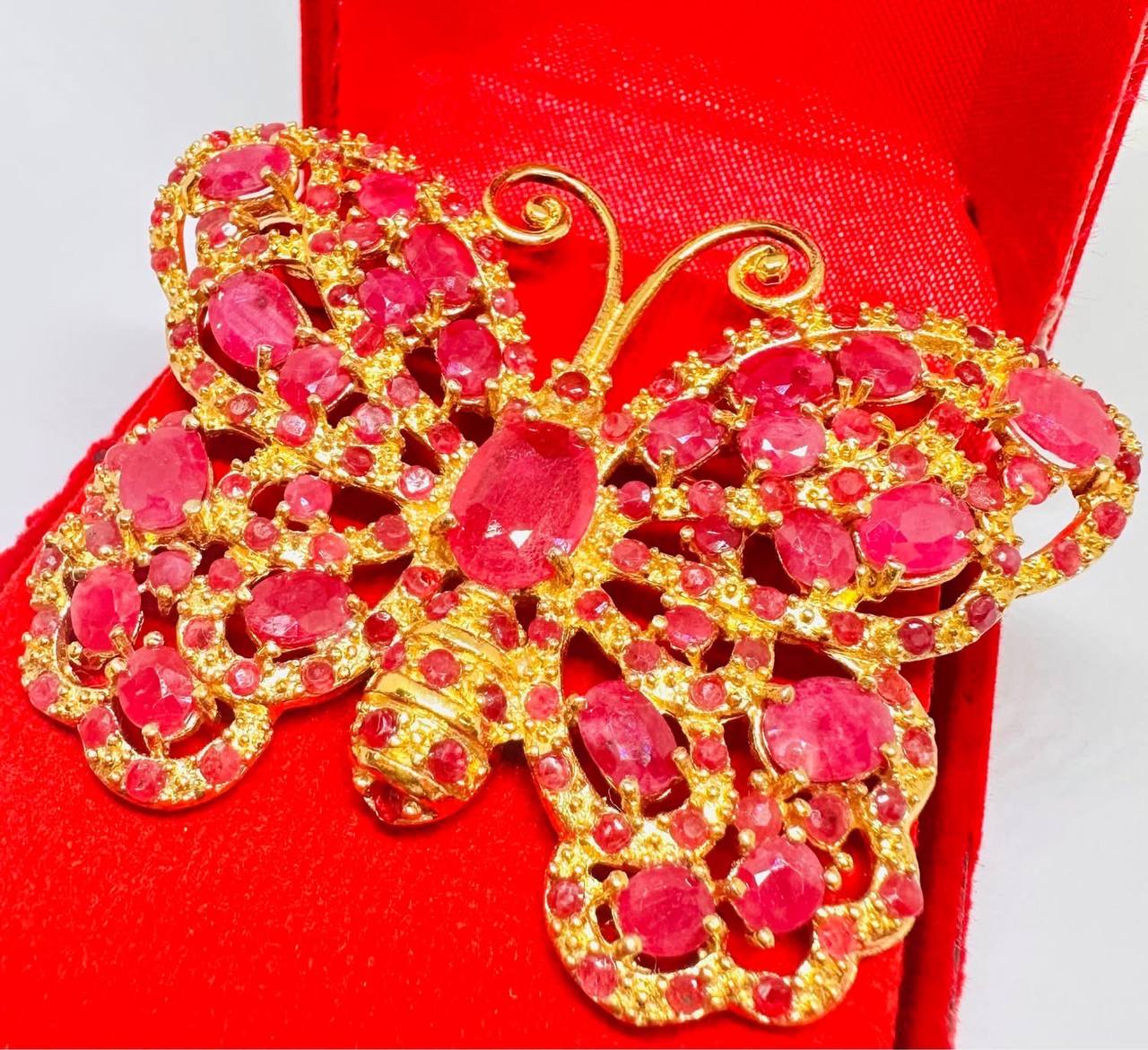 925 Sterling Silver, Gold Plated Natural Ruby Brooch — Handcrafted 6