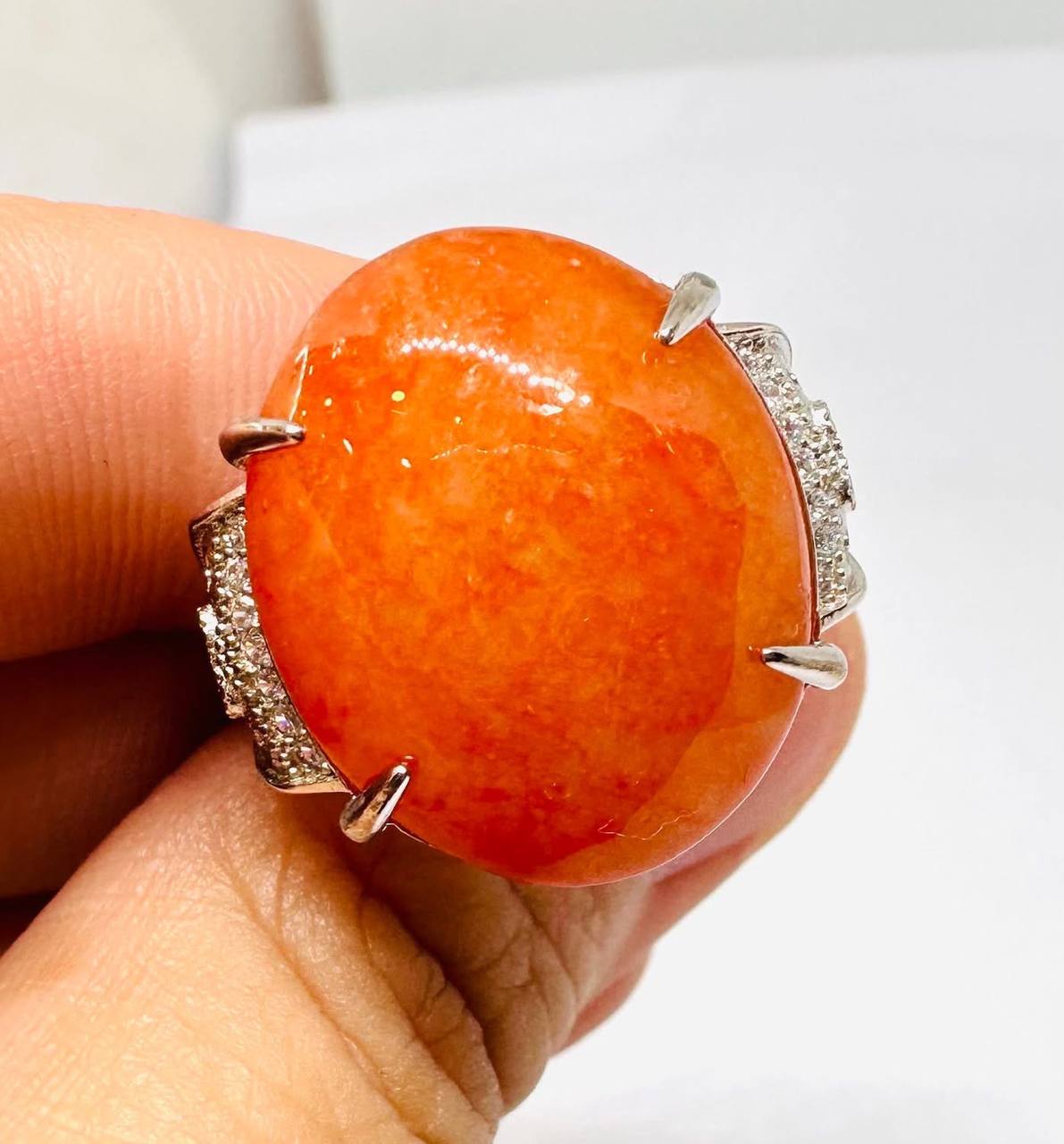 925 Sterling Silver Natural Jade Ring with Swiss Diamonds — Handcrafted 2