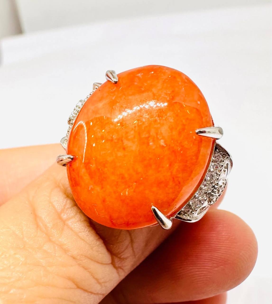 925 Sterling Silver Natural Jade Ring with Swiss Diamonds — Handcrafted 3