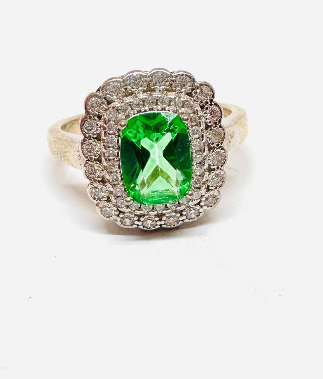 925 Sterling Silver, White Gold Plated Natural Emerald Ring with Swiss Diamonds — Handcrafted