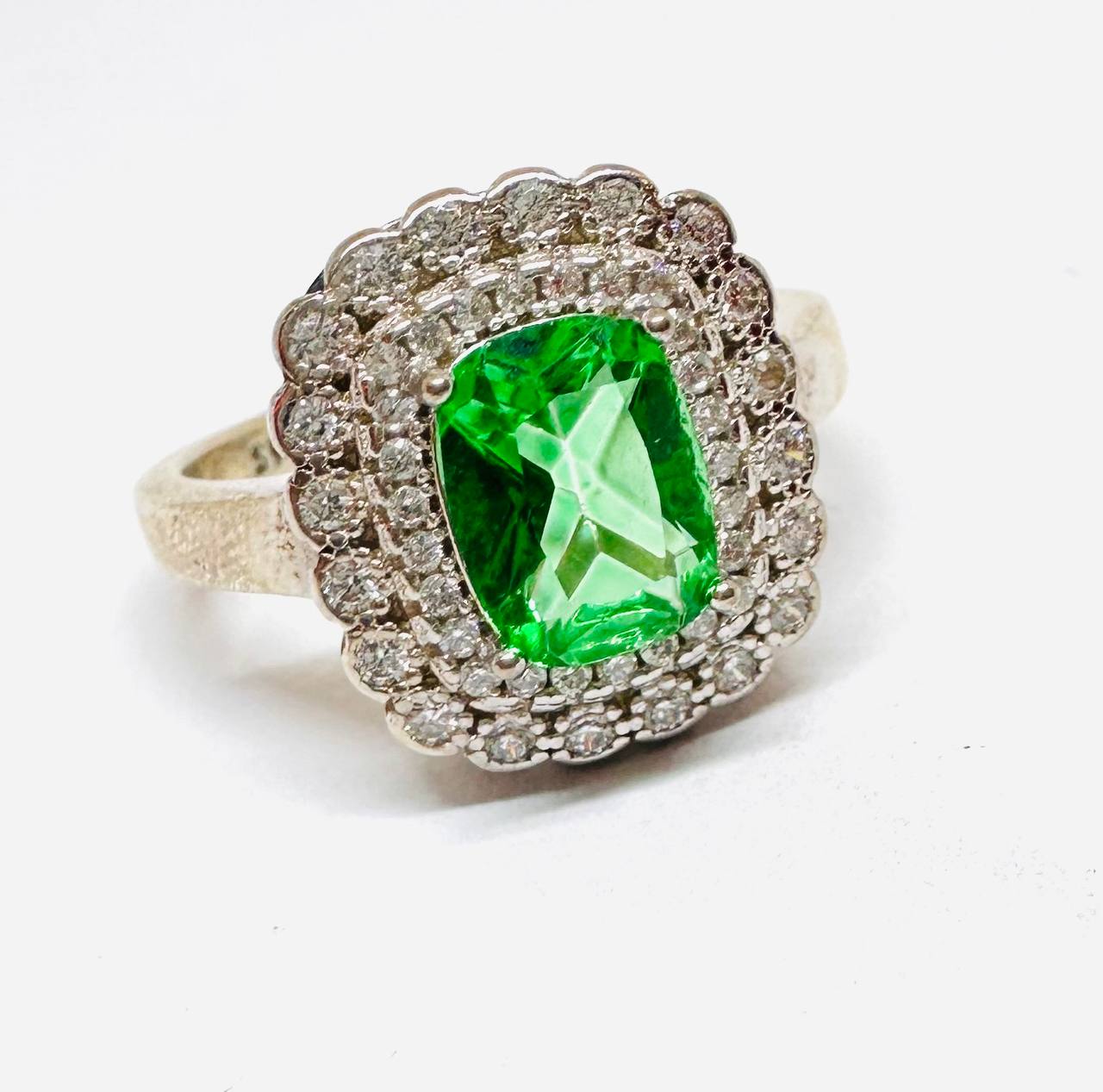 925 Sterling Silver, White Gold Plated Natural Emerald Ring with Swiss Diamonds — Handcrafted 2