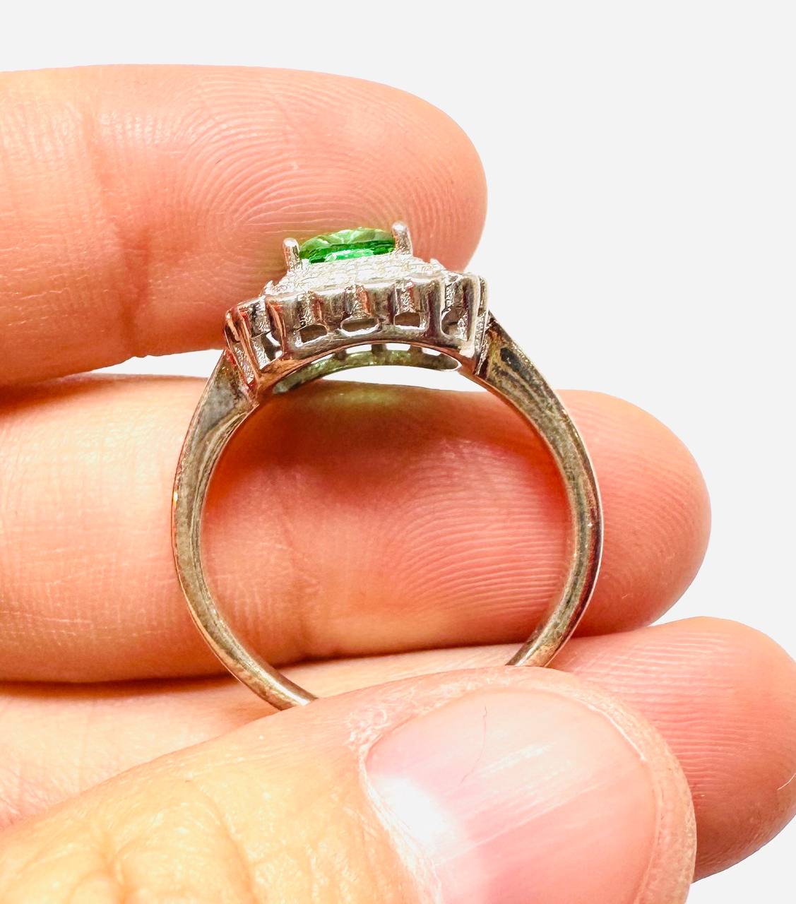 925 Sterling Silver, White Gold Plated Natural Emerald Ring with Swiss Diamonds — Handcrafted 3