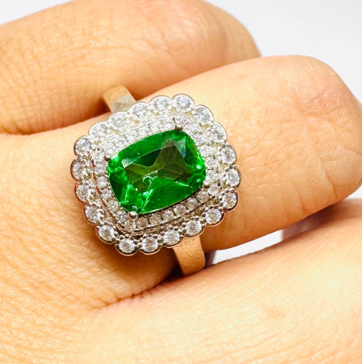 925 Sterling Silver, White Gold Plated Natural Emerald Ring with Swiss Diamonds — Handcrafted 4