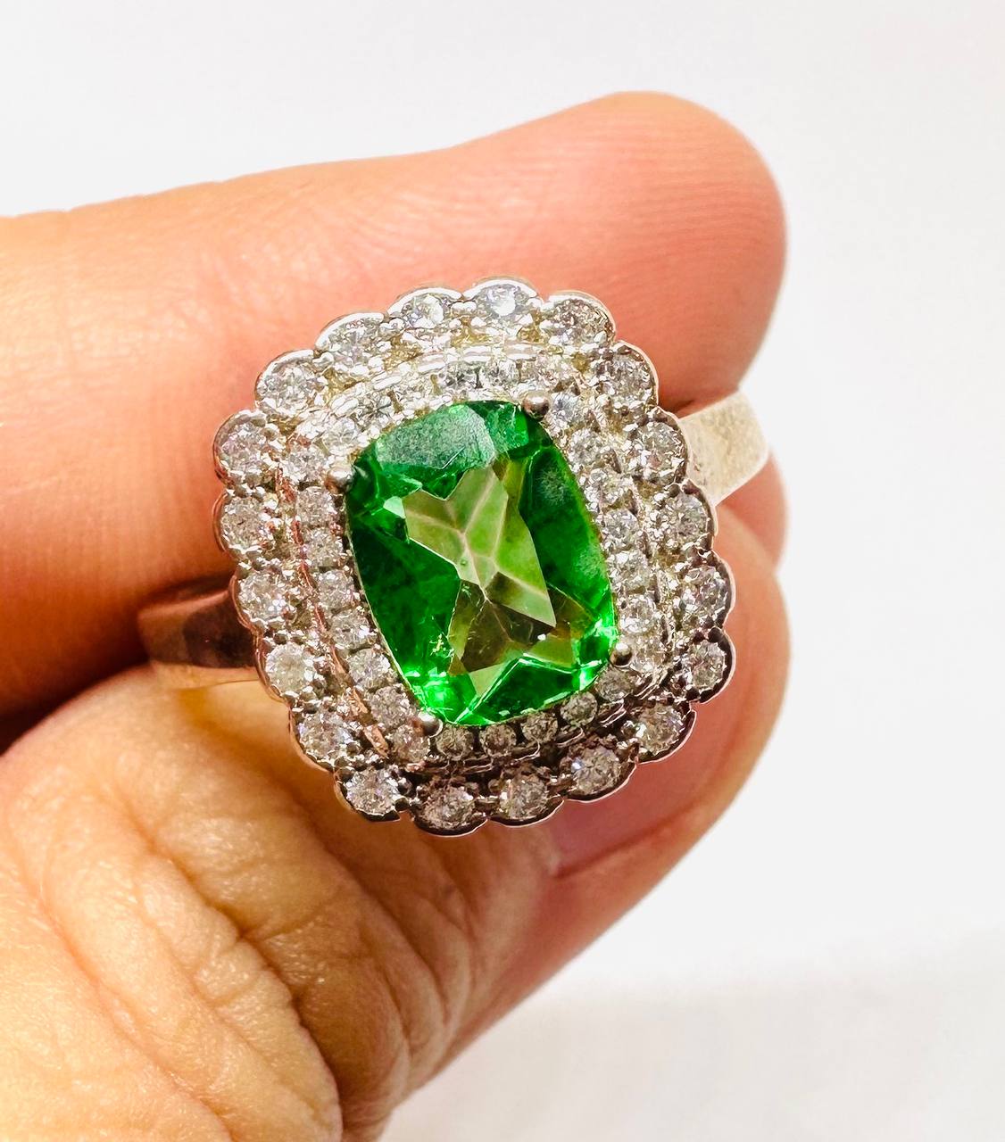 925 Sterling Silver, White Gold Plated Natural Emerald Ring with Swiss Diamonds — Handcrafted 5