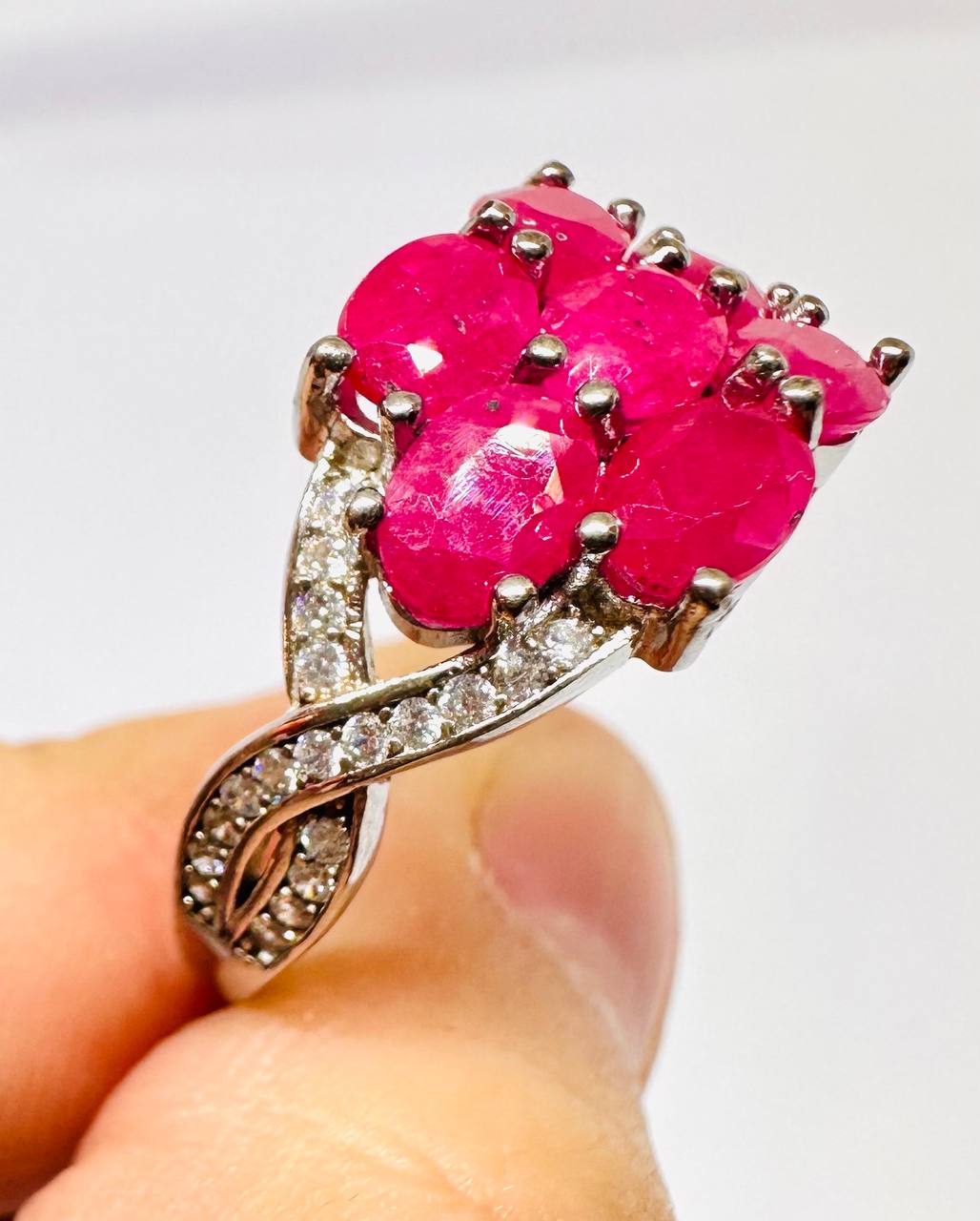 925 Sterling Silver, White Gold Plated Natural Burmese Ruby Ring — Handcrafted 4