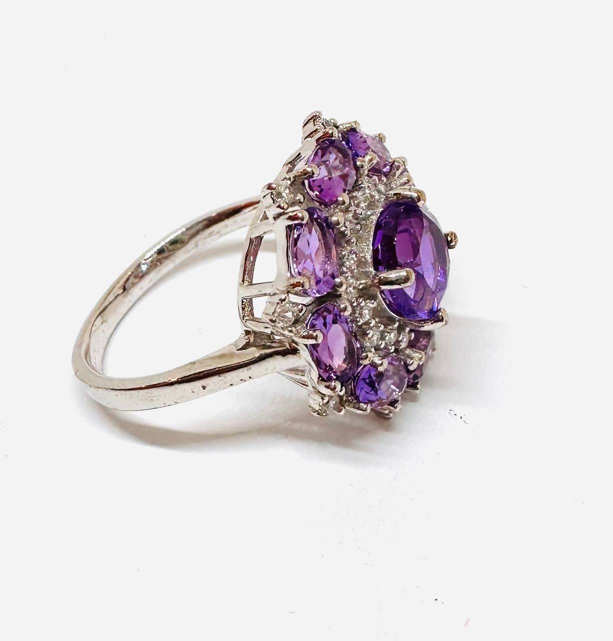 925 Sterling Silver, White Gold Plated Natural Amethyst Ring with Swiss Diamonds — Handcrafted 2