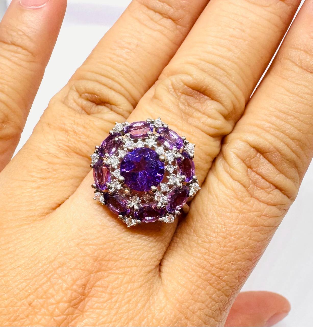 925 Sterling Silver, White Gold Plated Natural Amethyst Ring with Swiss Diamonds — Handcrafted 3