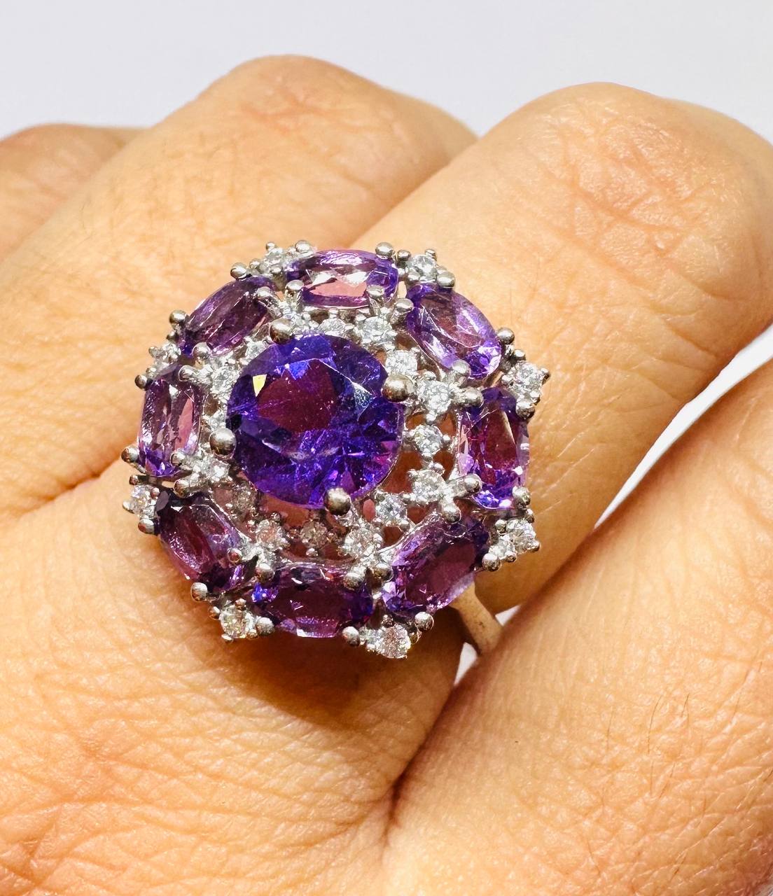 925 Sterling Silver, White Gold Plated Natural Amethyst Ring with Swiss Diamonds — Handcrafted 4
