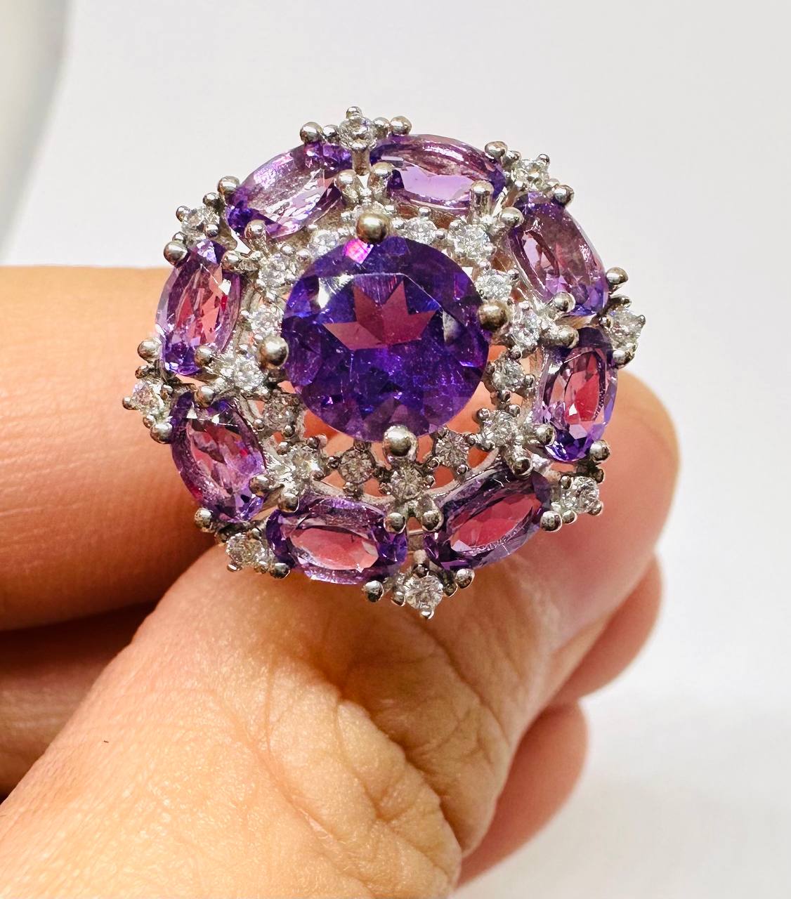 925 Sterling Silver, White Gold Plated Natural Amethyst Ring with Swiss Diamonds — Handcrafted 5