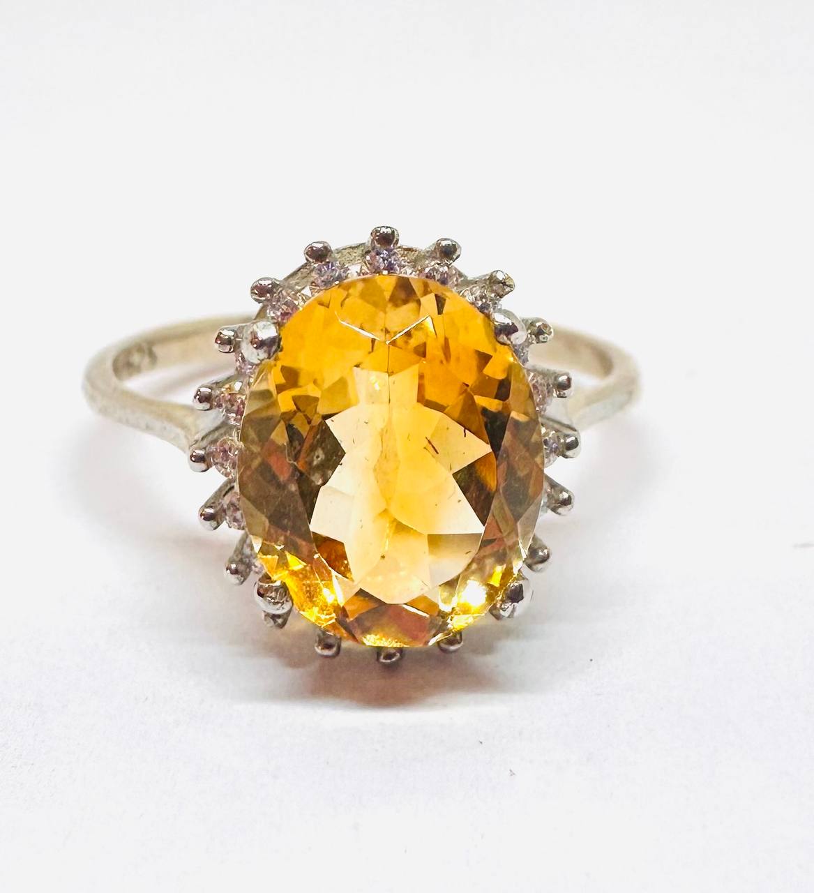 925 Sterling Silver, White Gold Plated Natural Citrine Ring with Swiss Diamonds — Handcrafted