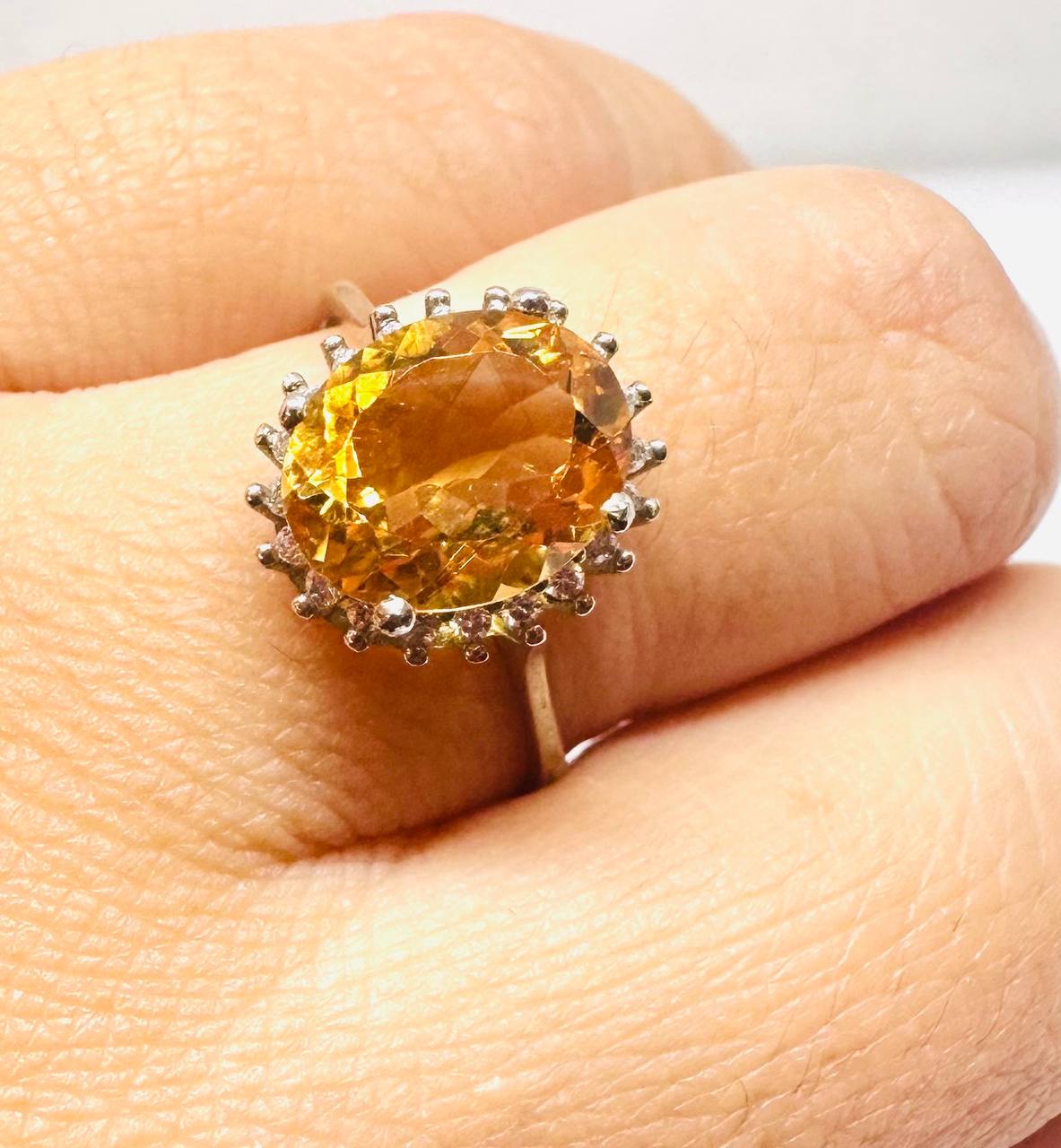 925 Sterling Silver, White Gold Plated Natural Citrine Ring with Swiss Diamonds — Handcrafted 2