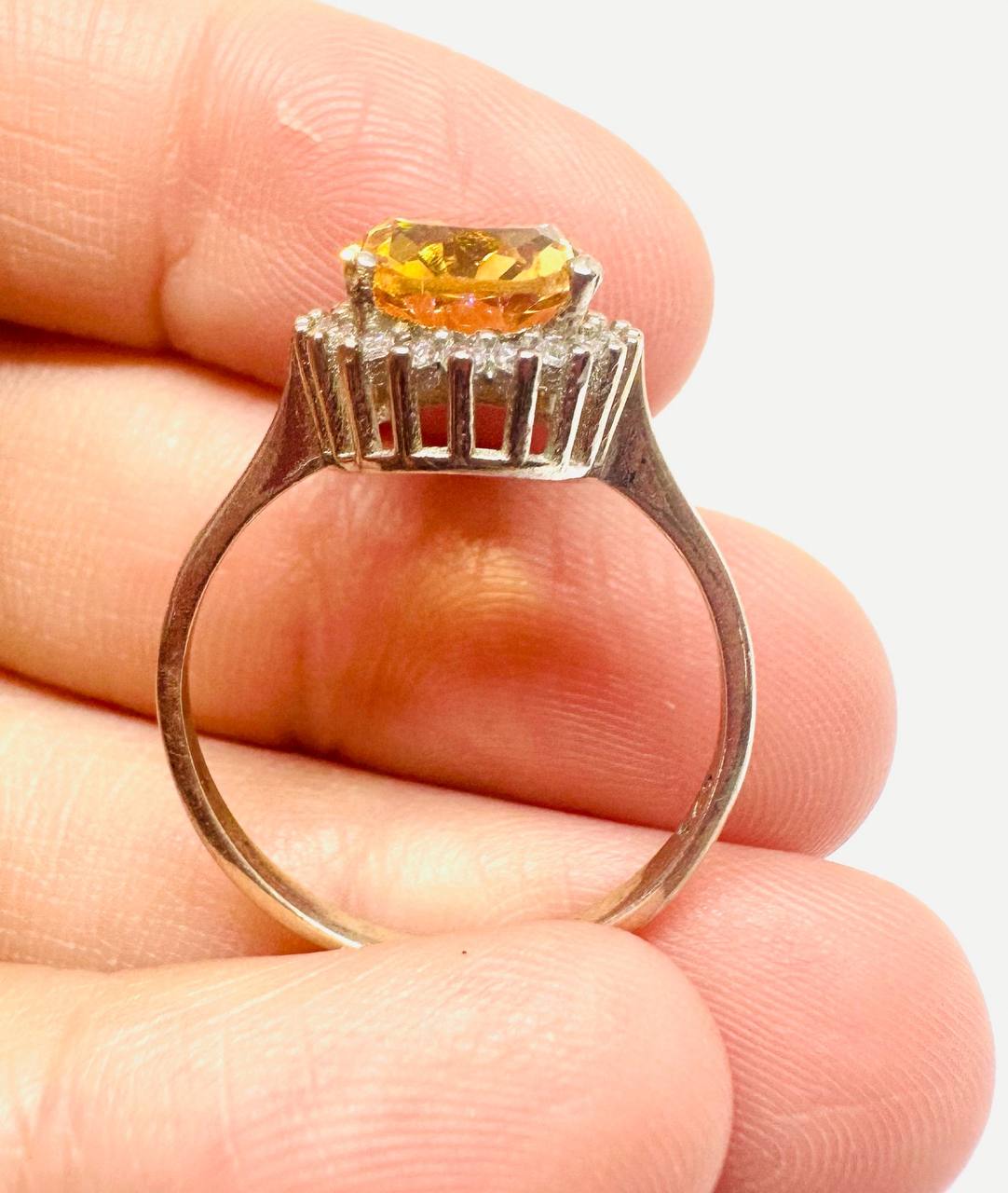 925 Sterling Silver, White Gold Plated Natural Citrine Ring with Swiss Diamonds — Handcrafted 3