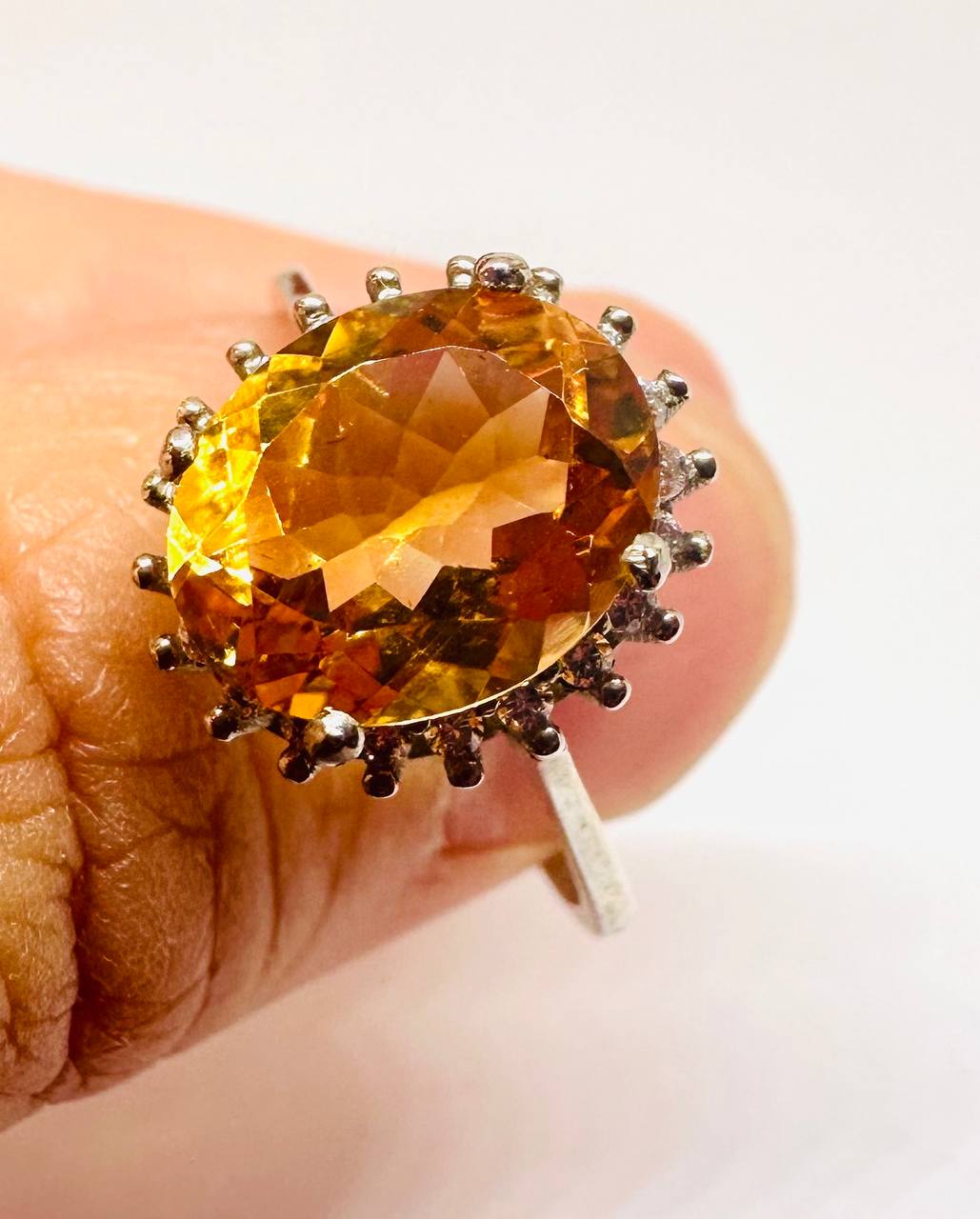 925 Sterling Silver, White Gold Plated Natural Citrine Ring with Swiss Diamonds — Handcrafted 4