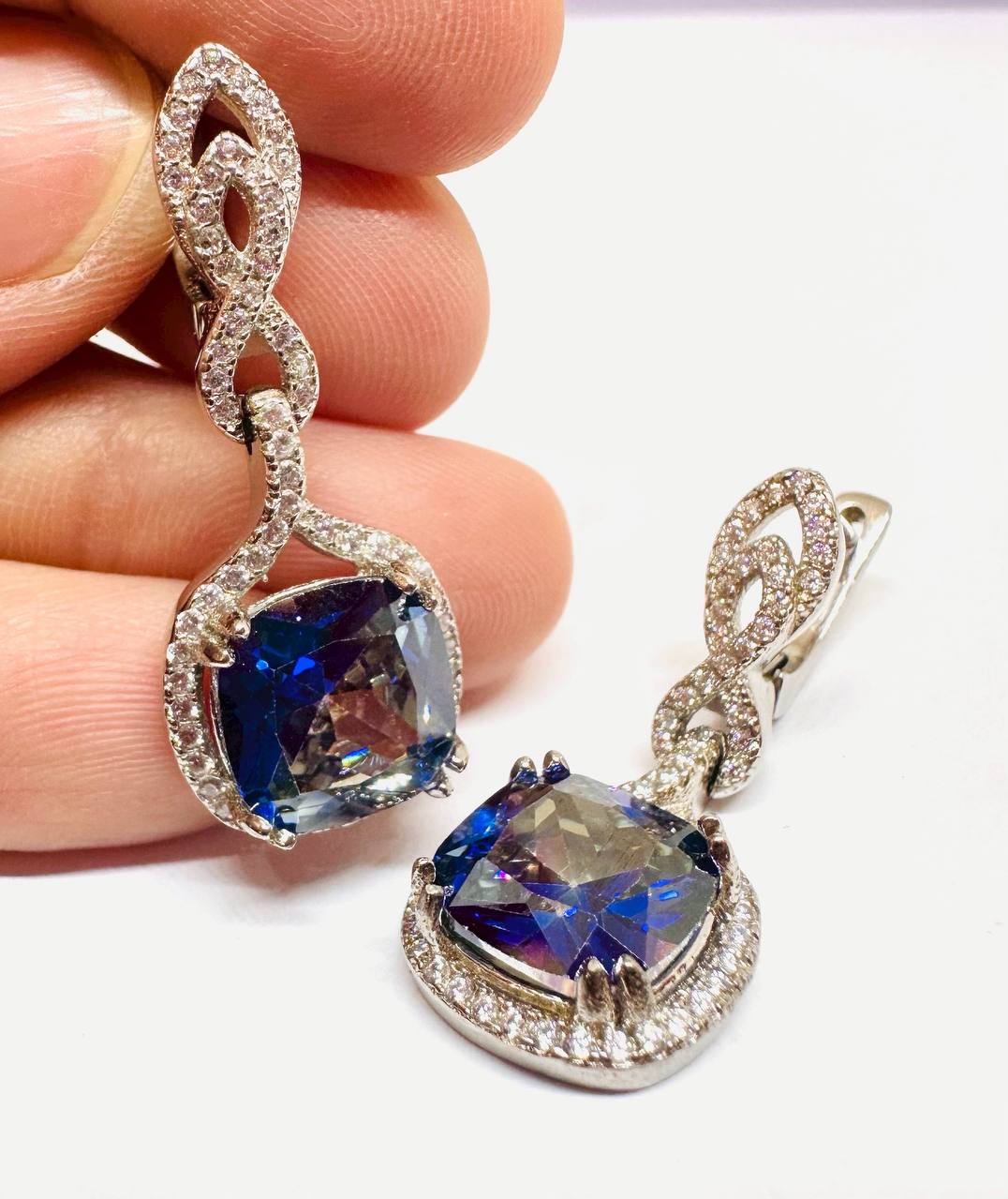 925 Sterling Silver (Stamped), White Gold Plated Natural Tanzanite Drop Earrings — Handcrafted