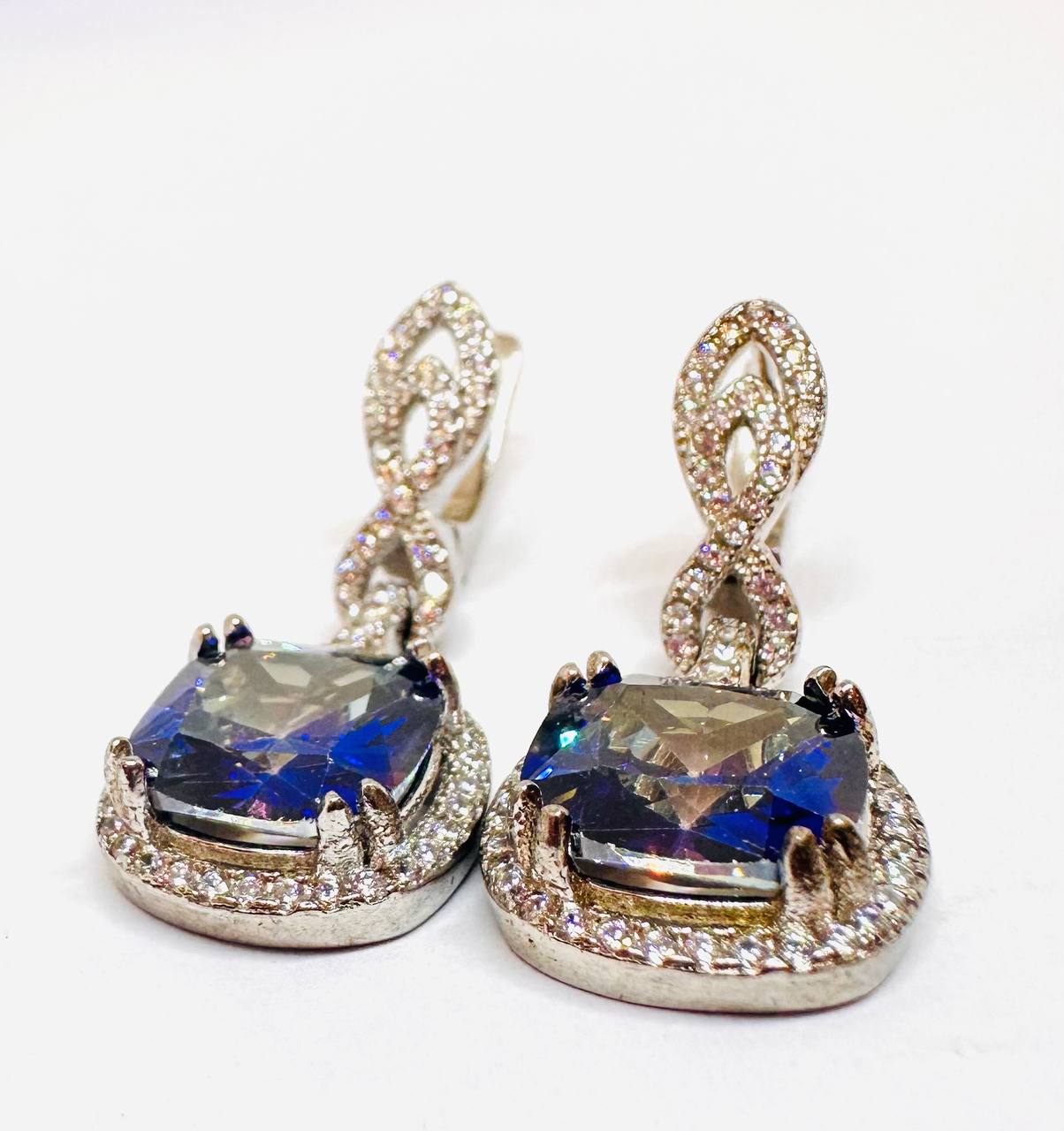 925 Sterling Silver (Stamped), White Gold Plated Natural Tanzanite Drop Earrings — Handcrafted 2