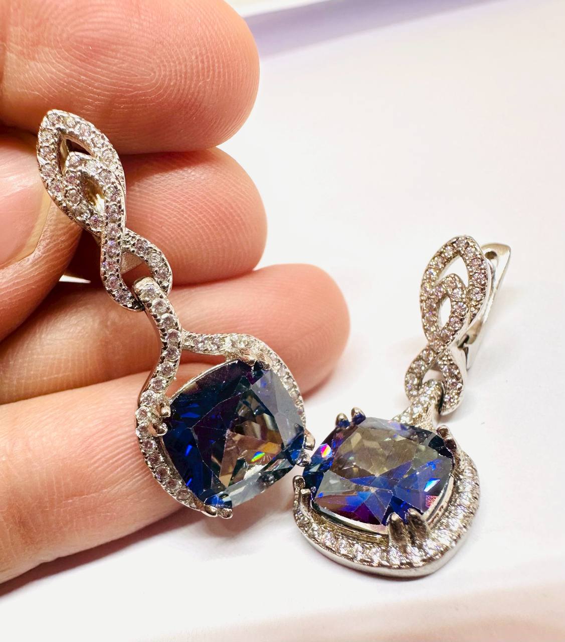925 Sterling Silver (Stamped), White Gold Plated Natural Tanzanite Drop Earrings — Handcrafted 3