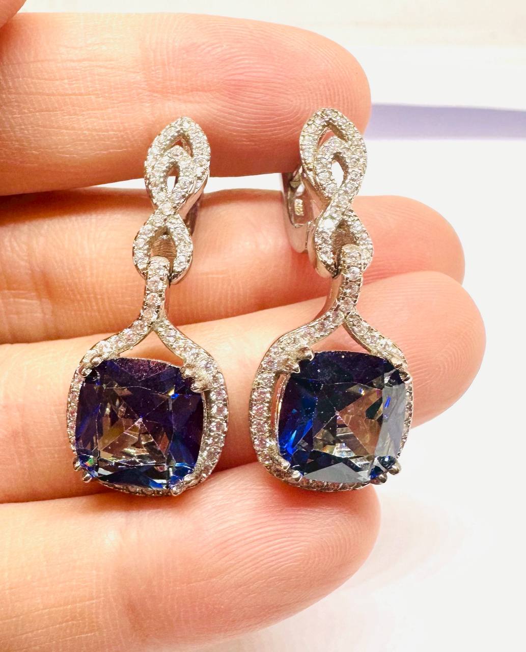 925 Sterling Silver (Stamped), White Gold Plated Natural Tanzanite Drop Earrings — Handcrafted 4