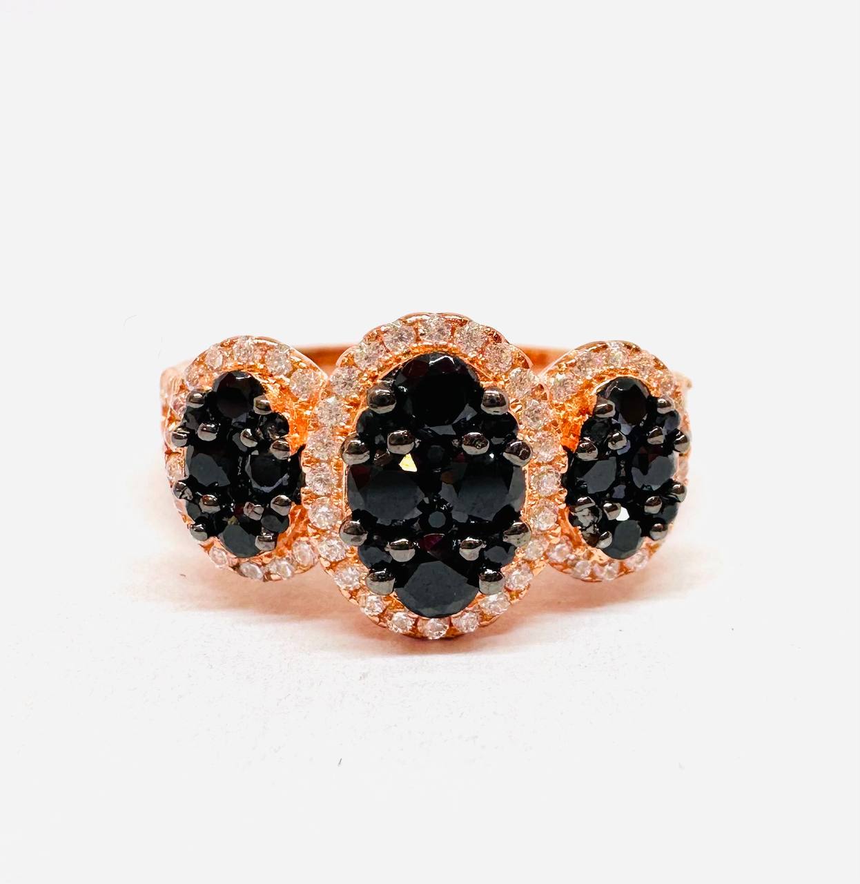 925 Sterling Silver, Rose Gold Plated Natural Onyx Ring with Swiss Diamonds — Handcrafted