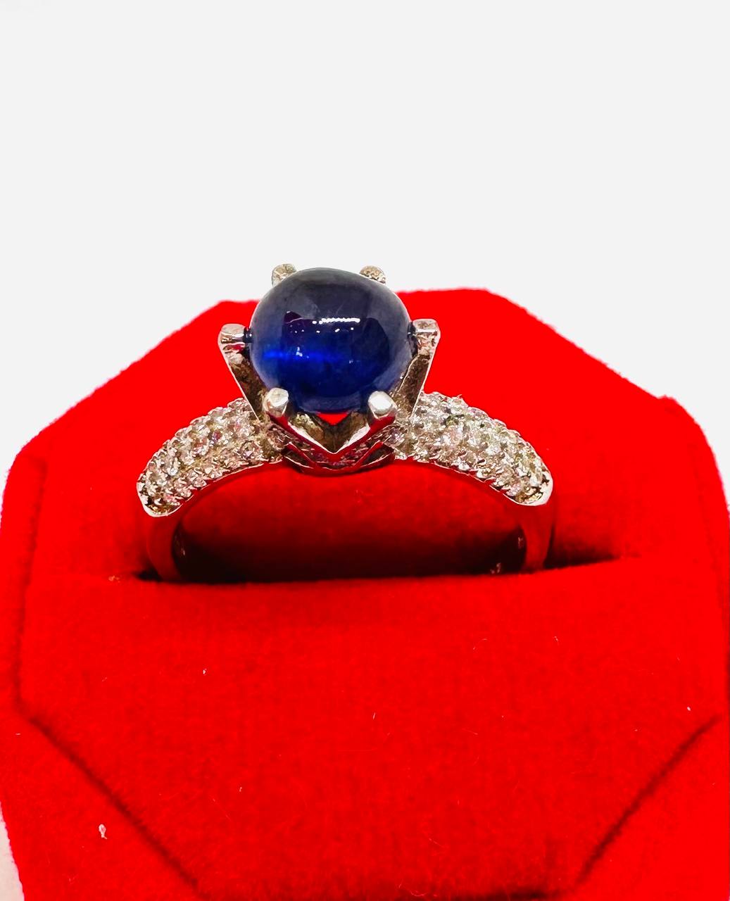 925 Sterling Silver, White Gold Plated Natural Crown Sapphire Ring with Swiss Diamonds — Handcrafted