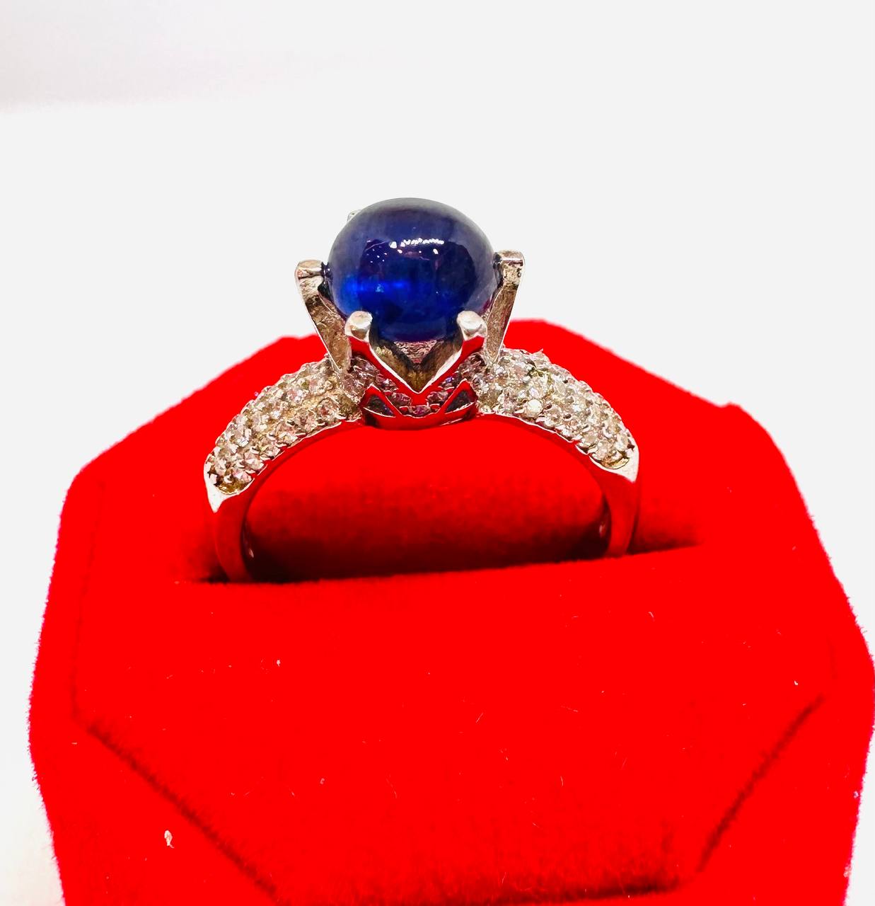 925 Sterling Silver, White Gold Plated Natural Crown Sapphire Ring with Swiss Diamonds — Handcrafted 2