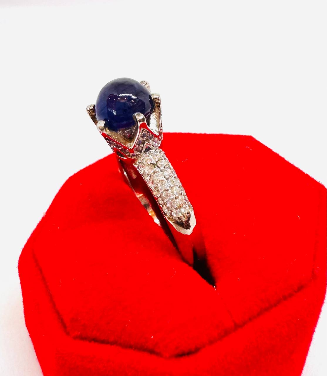 925 Sterling Silver, White Gold Plated Natural Crown Sapphire Ring with Swiss Diamonds — Handcrafted 3