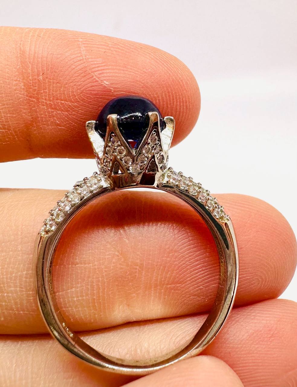 925 Sterling Silver, White Gold Plated Natural Crown Sapphire Ring with Swiss Diamonds — Handcrafted 4