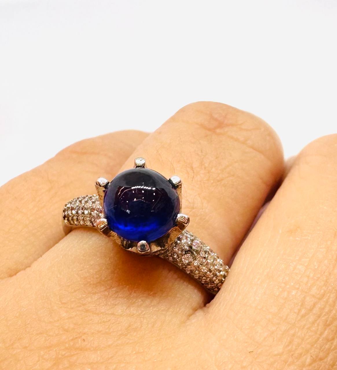 925 Sterling Silver, White Gold Plated Natural Crown Sapphire Ring with Swiss Diamonds — Handcrafted 5