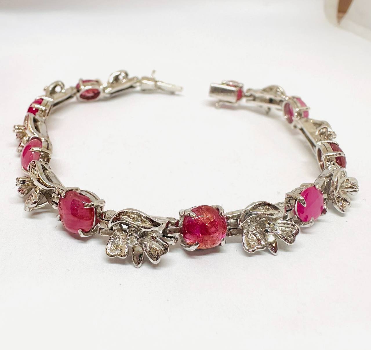 925 Sterling Silver, Traditional Paha Style Natural Burmese Ruby Bracelet with Natural Diamonds — Handcrafted