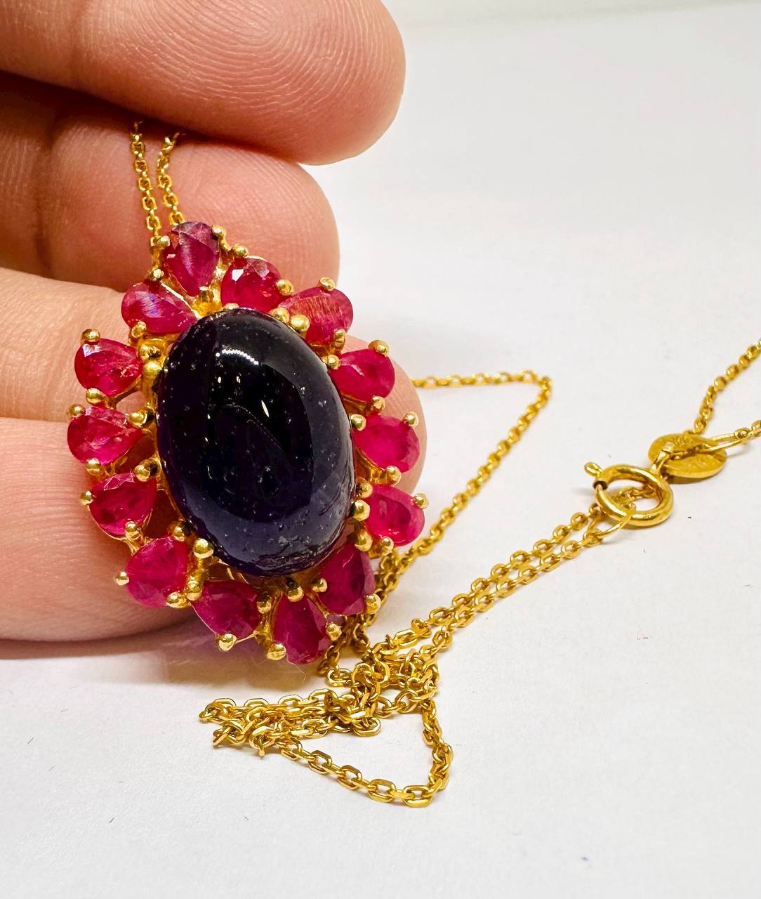 925 Sterling Silver (Italian Chain), Gold Plated Natural Cabochon Amethyst Pendant Necklace — Handcrafted