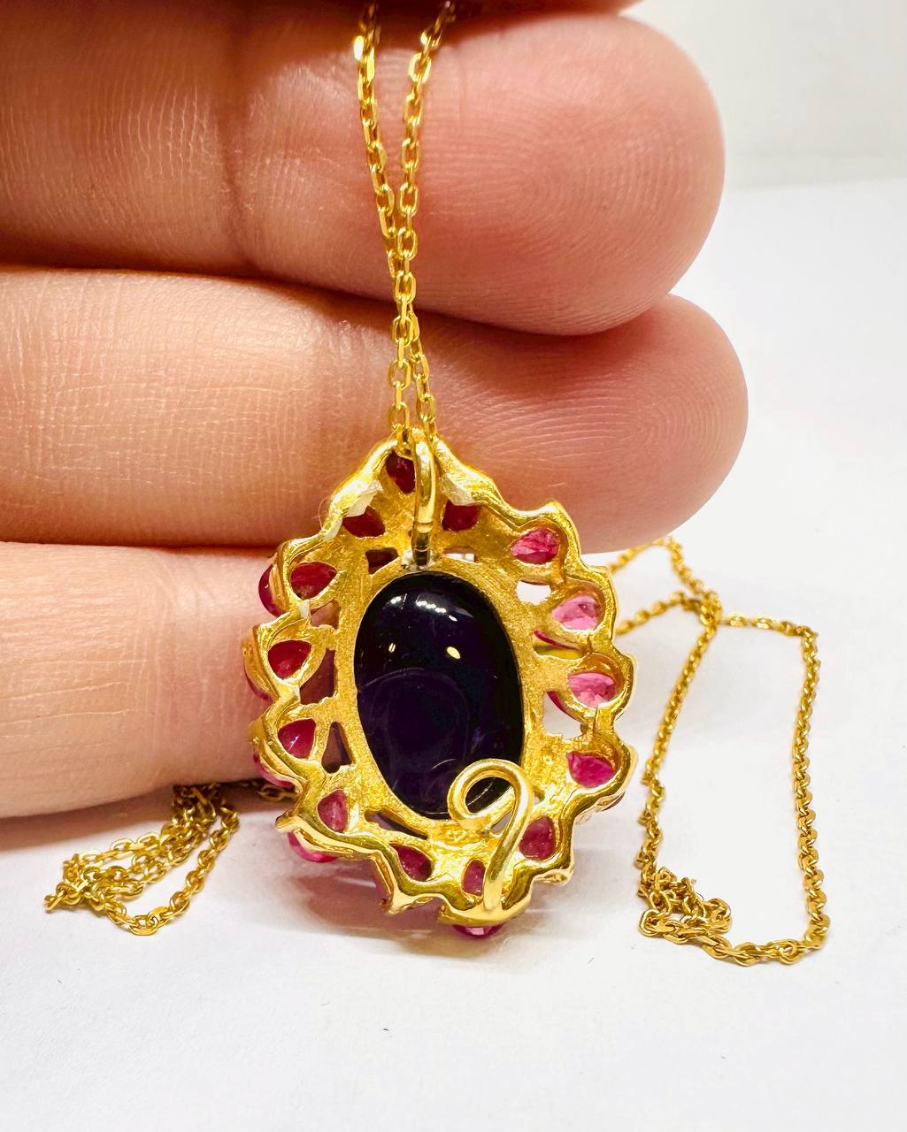 925 Sterling Silver (Italian Chain), Gold Plated Natural Cabochon Amethyst Pendant Necklace — Handcrafted 2