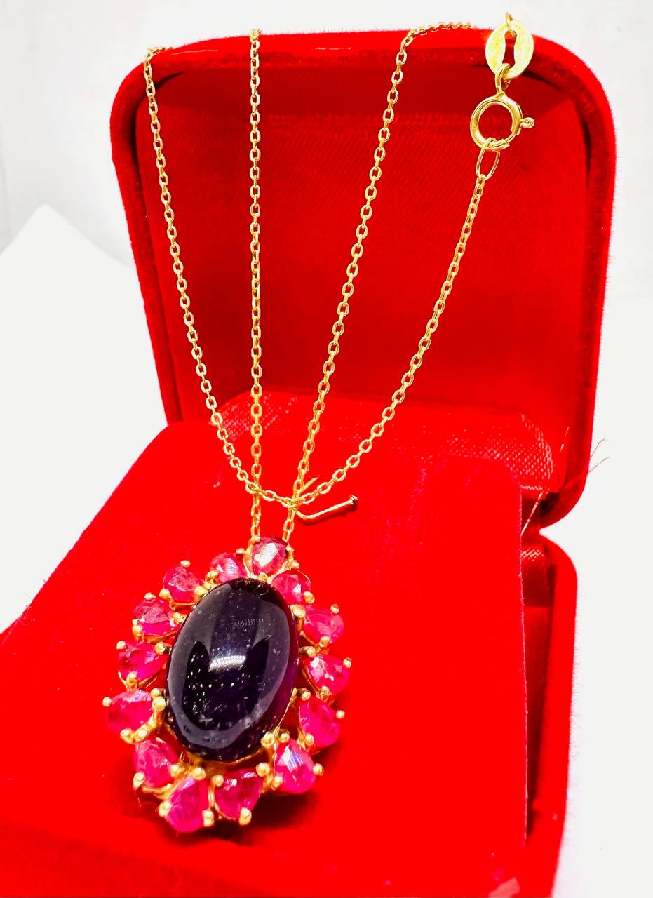 925 Sterling Silver (Italian Chain), Gold Plated Natural Cabochon Amethyst Pendant Necklace — Handcrafted 3