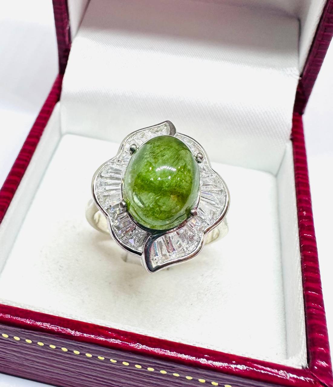 925 Sterling Silver, White Gold Plated Natural Green Stone Ring with Swiss Diamonds — Handcrafted