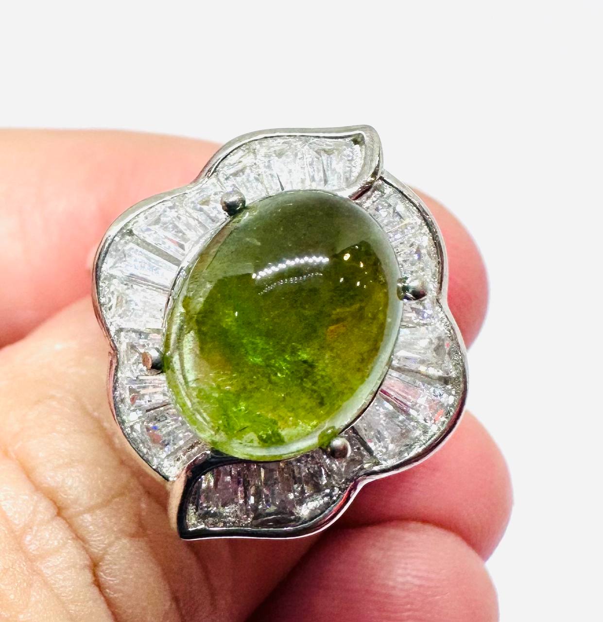 925 Sterling Silver, White Gold Plated Natural Green Stone Ring with Swiss Diamonds — Handcrafted 2