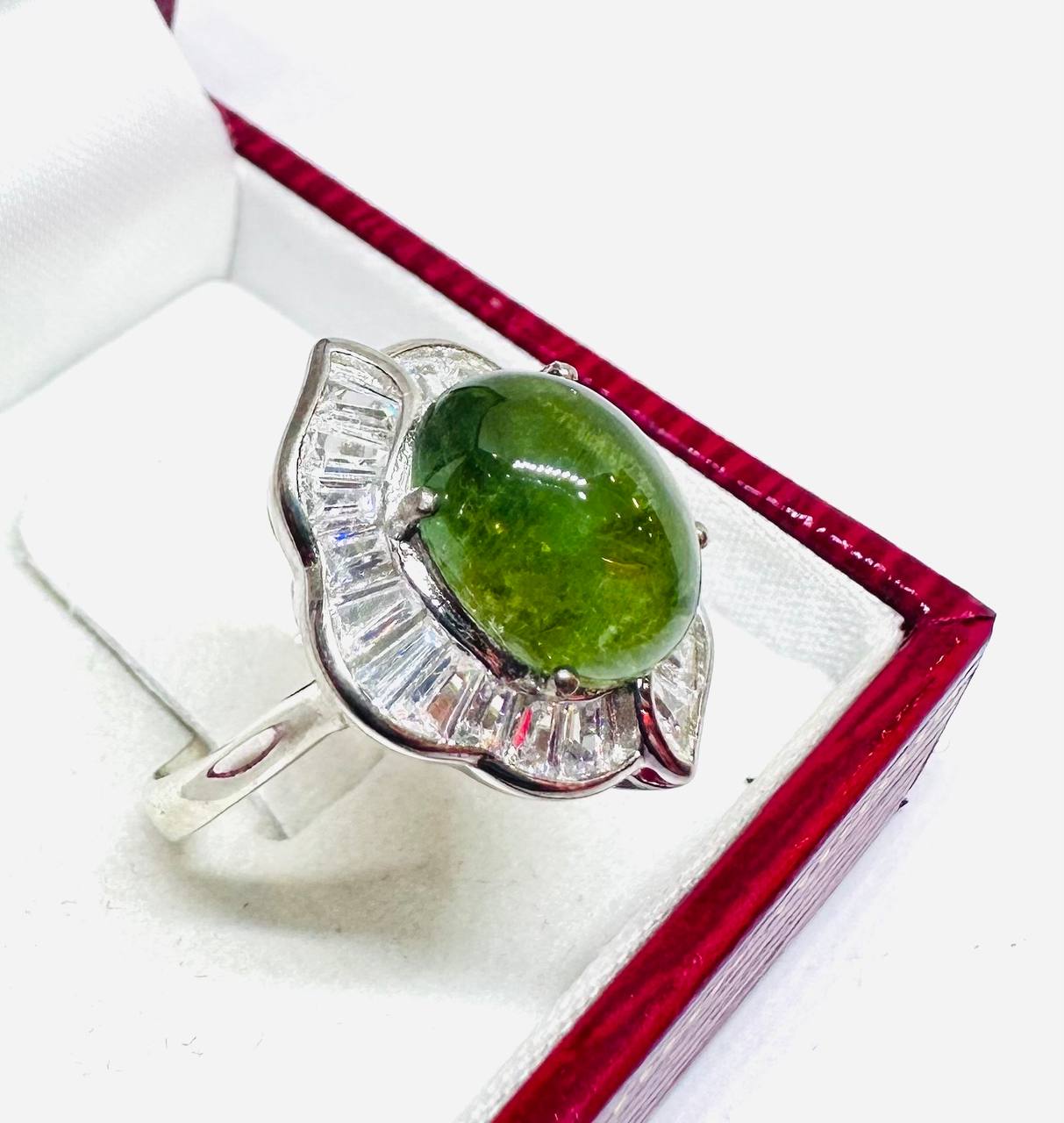 925 Sterling Silver, White Gold Plated Natural Green Stone Ring with Swiss Diamonds — Handcrafted 3