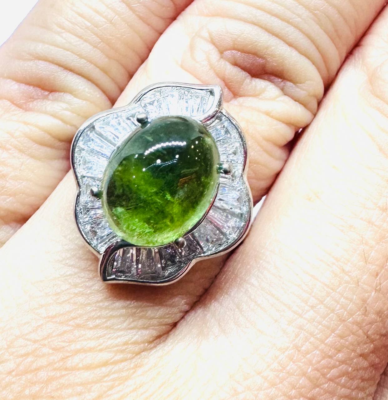 925 Sterling Silver, White Gold Plated Natural Green Stone Ring with Swiss Diamonds — Handcrafted 4