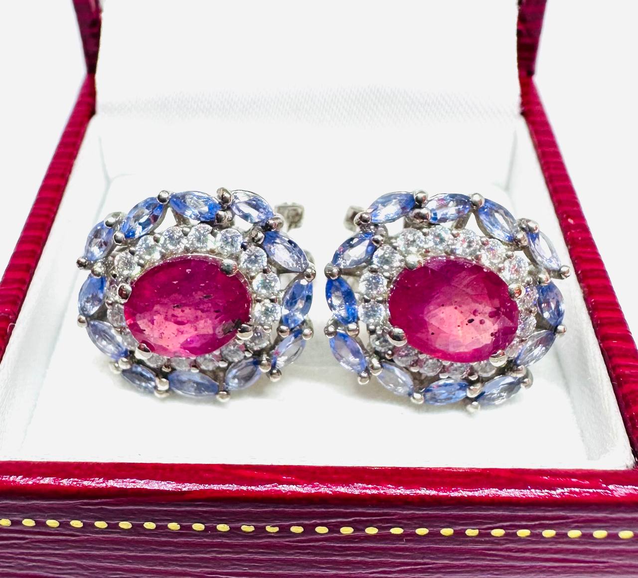 925 Sterling Silver, White Gold Plated Natural Gemstone Drop Earrings with Swiss Diamonds — Handcrafted