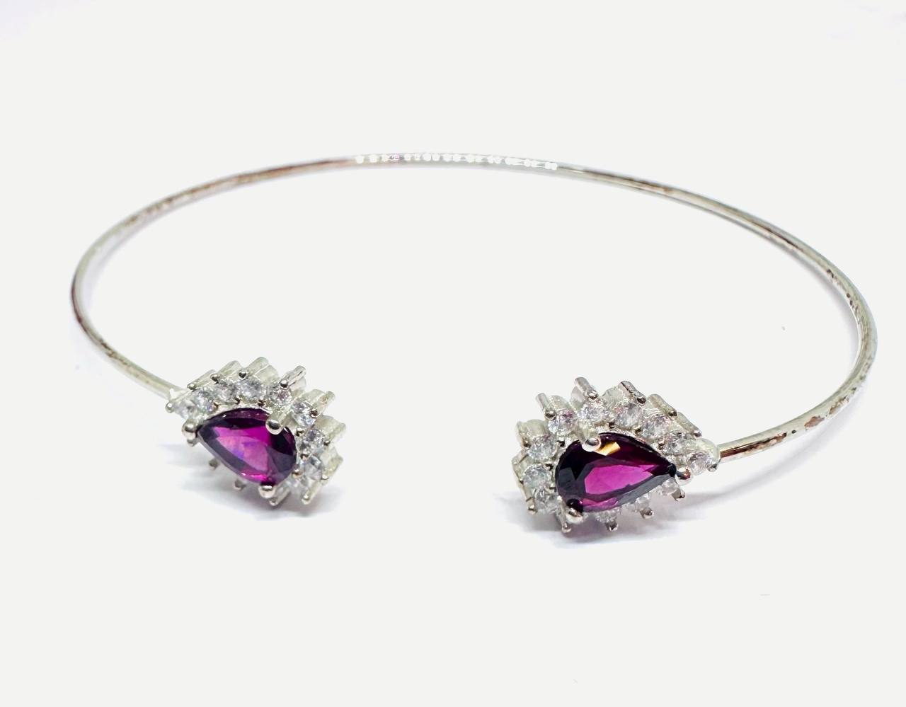 925 Sterling Silver, White Gold Plated Natural Rhodolite Bangle with Swiss Diamonds — Handcrafted