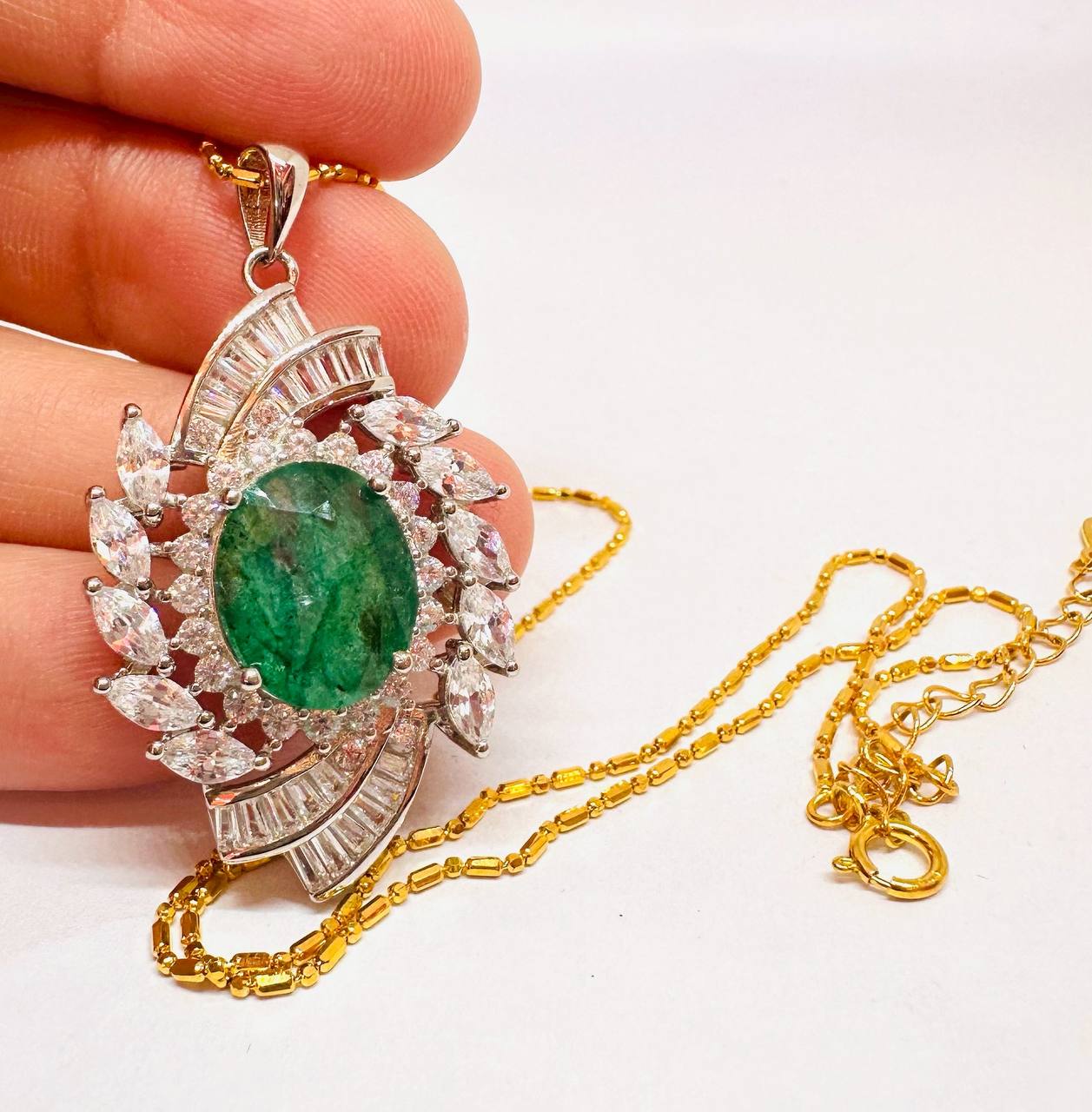 925 Sterling Silver (Italian Chain), Gold Plated Natural Zambian Emerald Pendant Necklace with Swiss Diamonds — Handcrafted