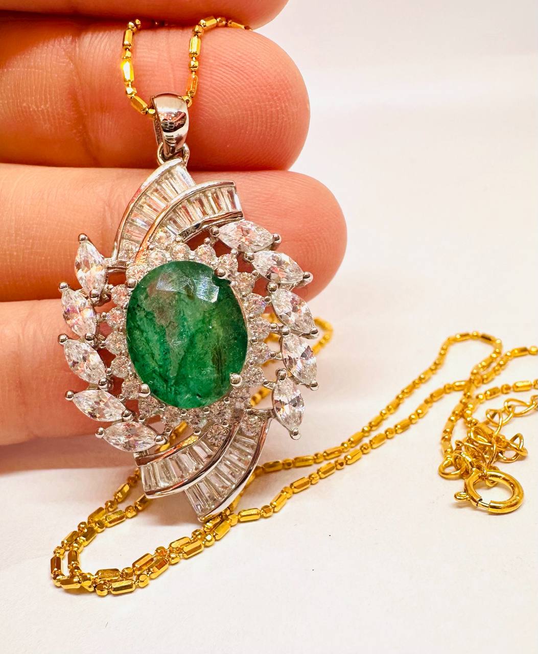 925 plata de ley (cadena italiana), chapado en oro esmeralda natural de Zambia collar con colgante con Swiss diamantes 4