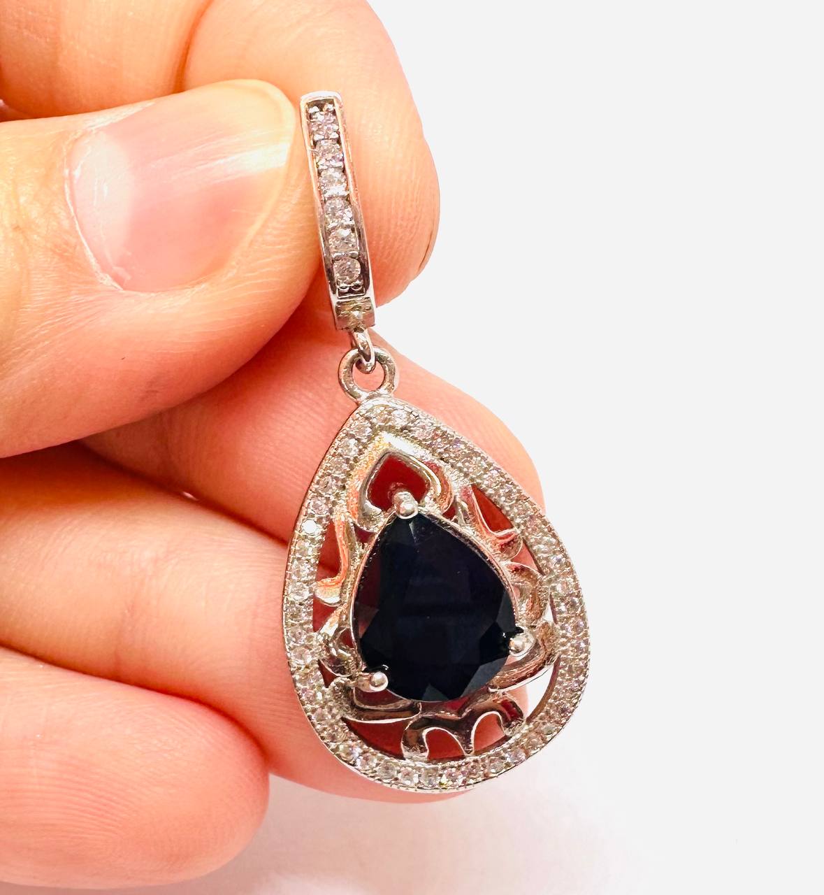 925 Sterling Silver, White Gold Plated Natural Teardrop Sapphire Pendant with Swiss Diamonds — Handcrafted