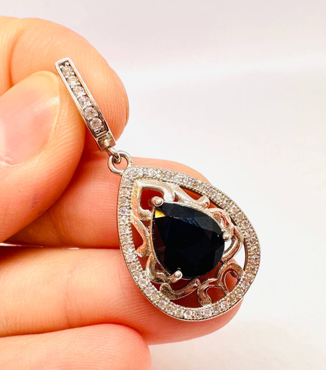 925 Sterling Silver, White Gold Plated Natural Teardrop Sapphire Pendant with Swiss Diamonds — Handcrafted 2